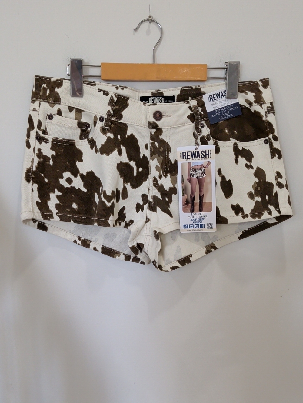 REWASH | Women's Brown/White Cow Print Low-Rise Micro Mini Denim Shorts